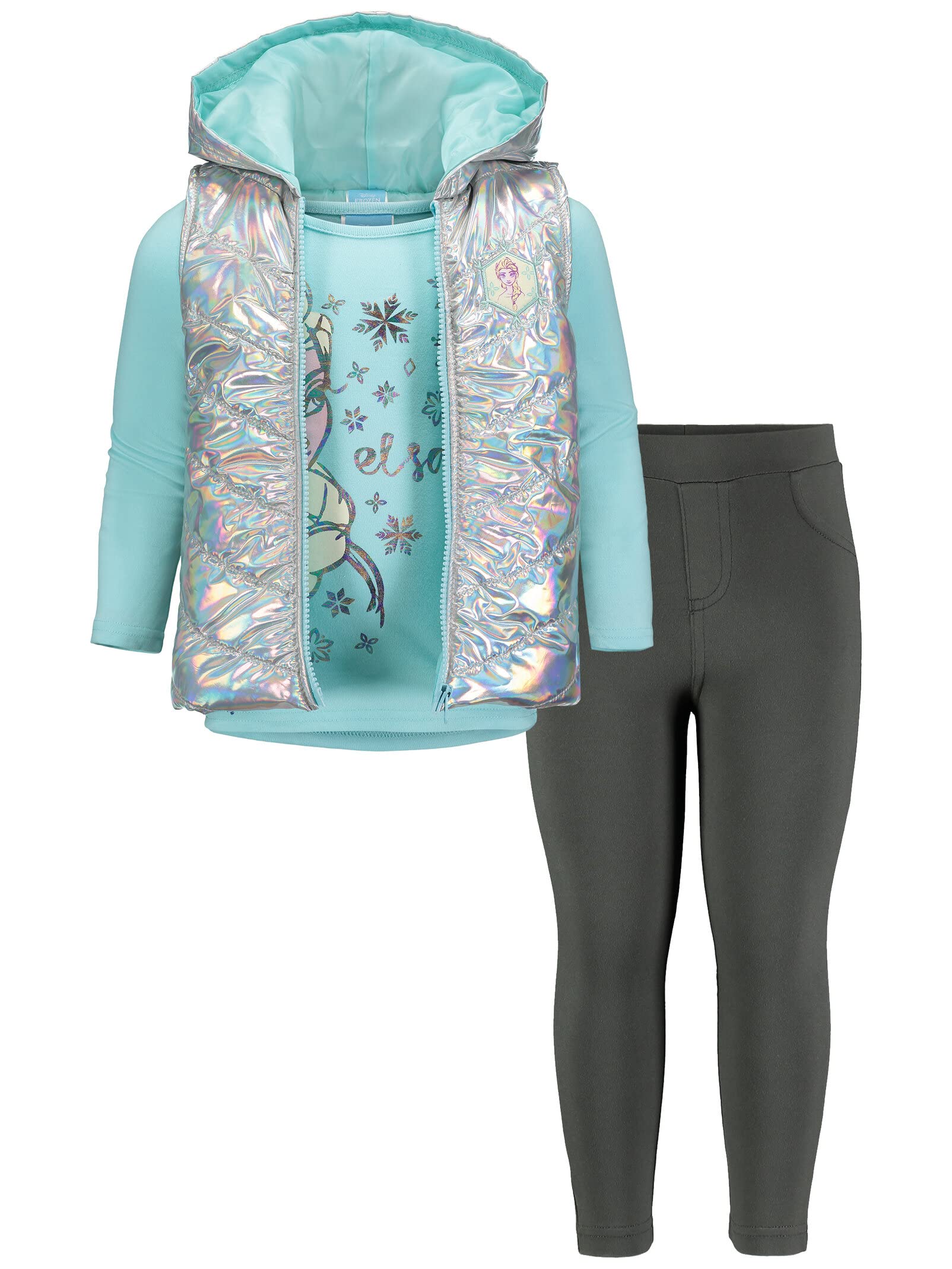 Disney Frozen Princess Anna Queen Elsa Girls Zip Up Vest Puffer T-Shirt and Leggings 3 Piece Set Toddler to Big Kid