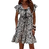 YUNDAI Women’s Floral Ruffle Mini Dress Tie Front Boho Short Sleeve Summer Outfit