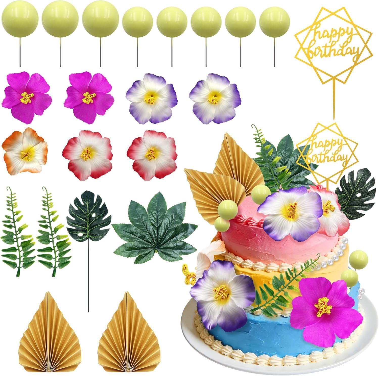 Toyhood 22pcs Tropical Flower Cake Toppers, Palm Leaves and Hibiscus Flower, Mini Colorful Balls, Summer Tropical Cake Decoration, for Hawaiian Themed Birthday Party Holiday Supplies