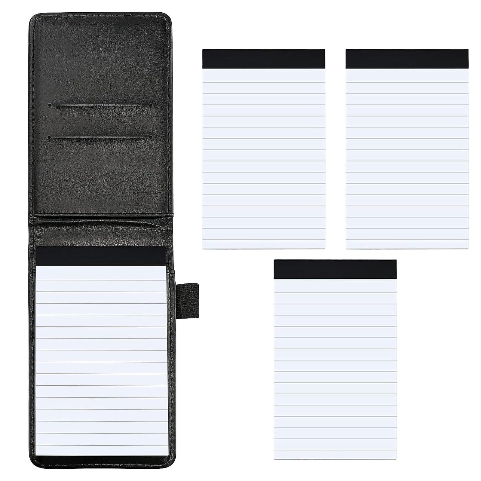 4 Pcs Small Pocket Notepad, Mini Notebook Set Includes 1 Black Leather Notebook 5.51x3.23inch with 50 Sheets of Lined Paper, 3 Replacement Notepad Memo Book Refills with 30 Lined Paper Per Note Pad