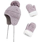 Kids Winter Beanie Hat Mittens Set Warm Fleece Hat Baby Toddler Knitted Hat & Gloves for Boys, Girls