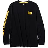 Caterpillar Trademark Banner Long Sleeve Tee Shirts for Men with Center Back Neck Wire Management Loop and Cat Workwear Logo