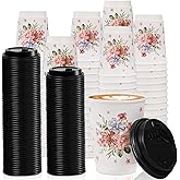 Lyellfe 80 Pack Disposable Coffee Cups with 100 Lids, 12 Oz To Go Coffee Cups, Durable Insulated Hot Drink Paper Cups for Office, Wedding Reception, Iced Coffee, Floral Theme