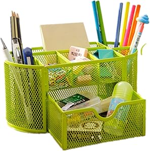 Space Saving Desk Tidy Multi-functional Metal Wire Mesh 9 Compartment Office / School Supply Desktop Organizer Caddy W/ Large Drawer (Green)