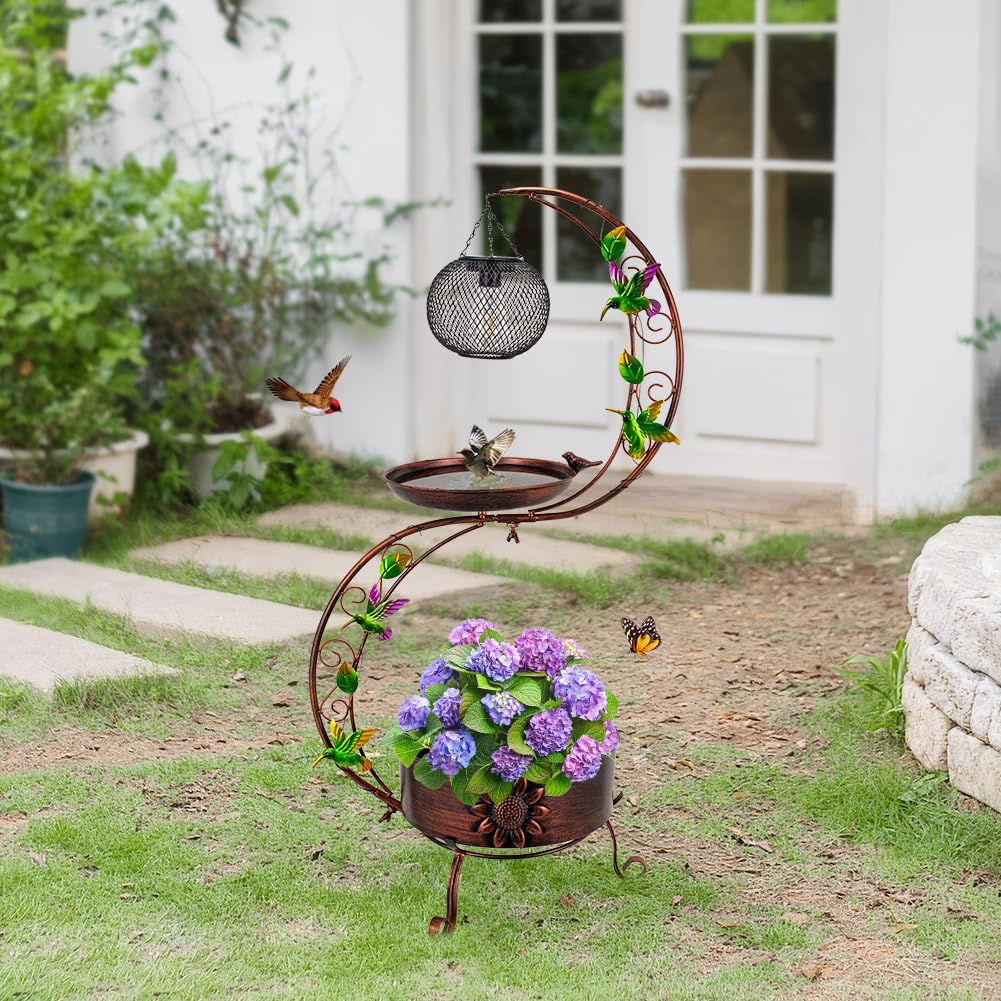 Condition photo showing As Is for dreamsoul solar bird bath with solar lantern, vintage copper birdbath flower planter metal bird bath