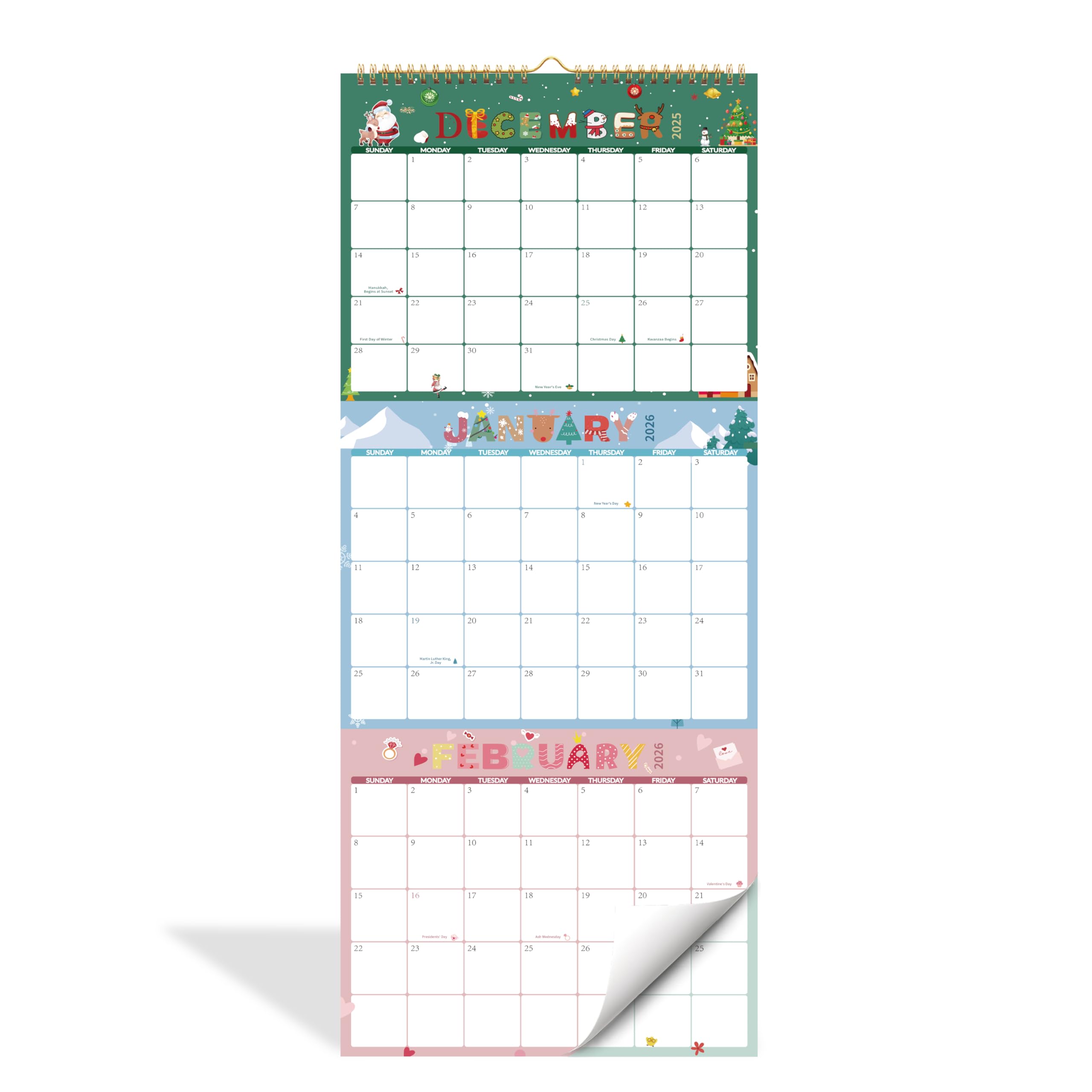 Photo 1 of 2026 Calendar - 3 Month Calendar 2026 Wall Calendar, 14 Months December 2025 - January 2027, Vertical 3-Month Display Calendars 2026, 12 Unique Patterns 3 Month Wall Calendars 2026, 12"×26"