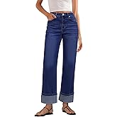 GRAPENT Wide Leg Jeans for Women Trendy High Waisted Cuffed Hem Stretchy Denim Trousers Pants Work Casual Jeans