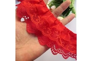 QIUDA 5 Yard 3-Layer Pleated Organza Lace Edge Gathered Mesh Chiffon Trim Ribbon 65mm Width Vintage Style Edging Trimmings Fabric Embroidered Applique Sewing Craft Wedding Bridal Dress Party Decor (Red)