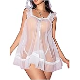 OYOANGLE Women's Lingerie Set 2 Piece Mesh Lace Sheer Chemise and G String Babydoll Nightwear