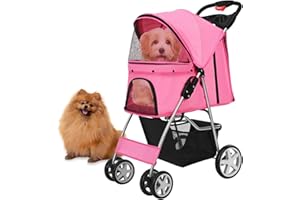 Flexzion Pet Stroller (Pink) Dog Cat Small Animals Carrier Cage 4 Wheels Folding Flexible Easy to Carry for Jogger Jogging Wa