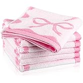 Coume 6 Pcs Pink Bow Washcloths 100% Cotton Wash Cloths 13" x 13" Coquette Small Face Towels Absorbent Soft Preppy Wash Cloths & Hand Bath Towels for Bathroom, Spa, Kitchen Drying Cleaning