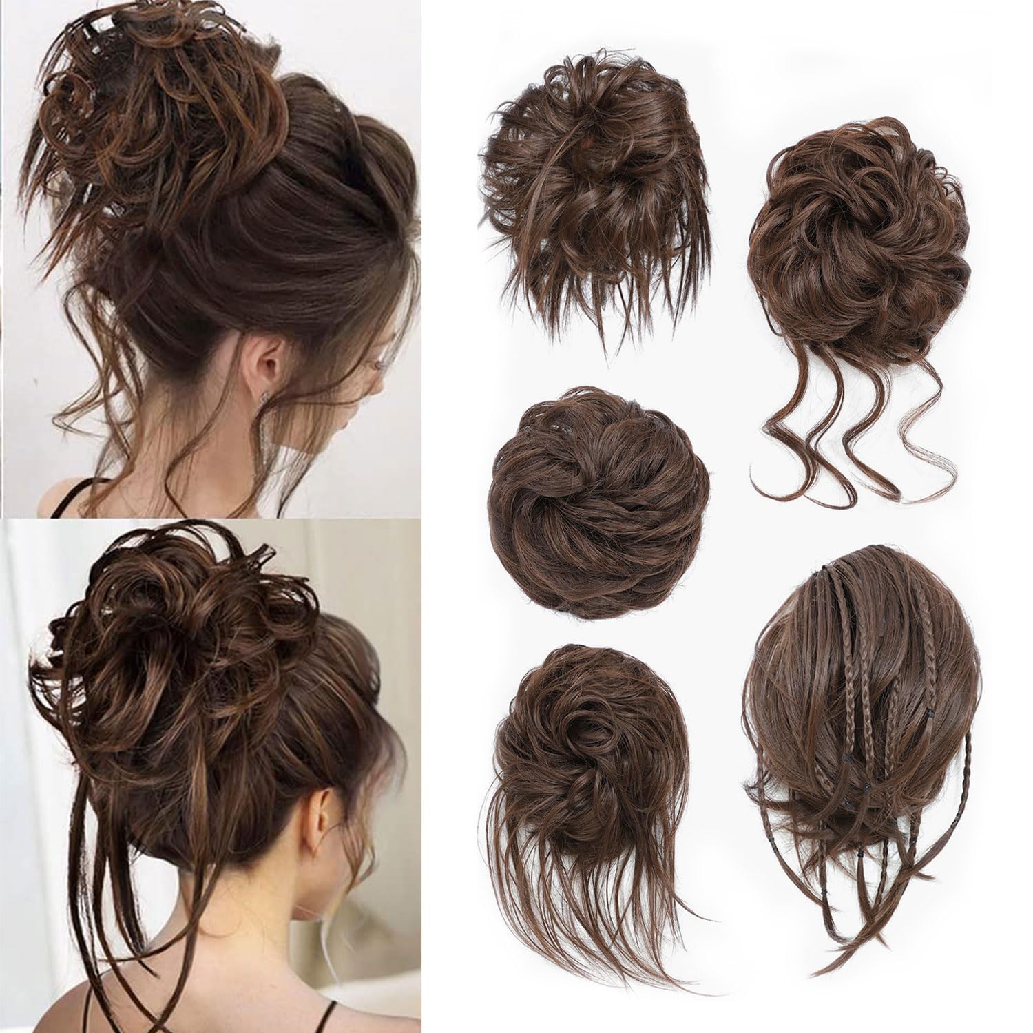 5 PCS Messy Bun Scrunchies Curly Wavy Messy Bun Hair Pieces for Women Hair Scrunchie HAIR Updo Accessories - Natural Brown