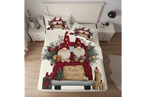 FJWXCBD California King Sheet Set Merry Christmas Bed Sheets, Xmas Red Truck Gnome Printed Sheets 4 Piece, Holiday Pattern Be