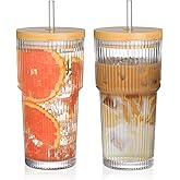 AUFXKOO 20oz Glass Cups with Lids and Straws,2PCS Ribbed Glass Coffee Cups,Iced Coffee Cups with Lid,Vintage Bamboo Tumbler for Juice,Smoothies
