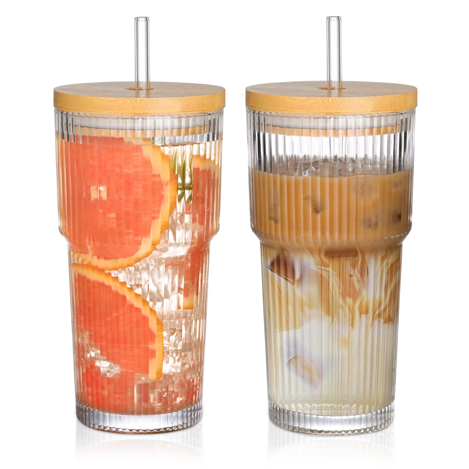 Photo 1 of *PARTIAL SET*
AUFXKOO 20oz Glass Cups with Lids and Straws,2PCS Ribbed Glass Coffee Cups,Iced Coffee Cups with Lid,Vintage Bamboo Tumbler for Juice,Smoothies