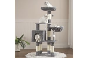 Heybly Cat Tree with Toy, Cat Tower Condo for Indoor Cats, Cat House with Padded Plush Perch, Cozy Hammock and Sisal Scratching Posts, Light Gray HCT004SW