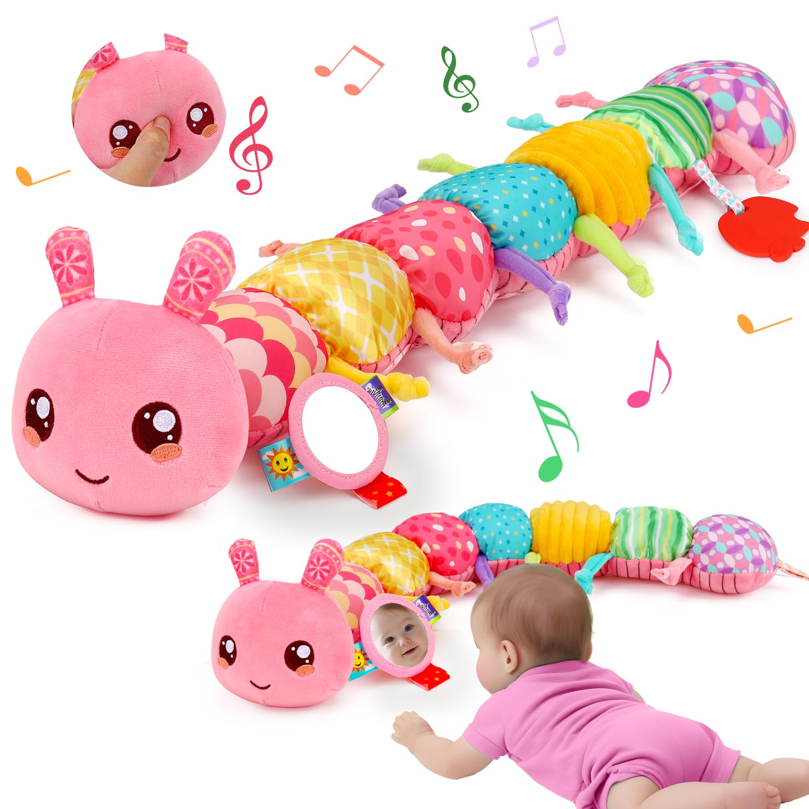 Baby Toys 0 3 6 9 12 Months New Born Baby Boy Girl Gifts, Caterpillar Sensory Musical Toys for 0-6 6-12 Months Old Babies, Tummy Time Toys Newborn Essentials (Pink) — image 1