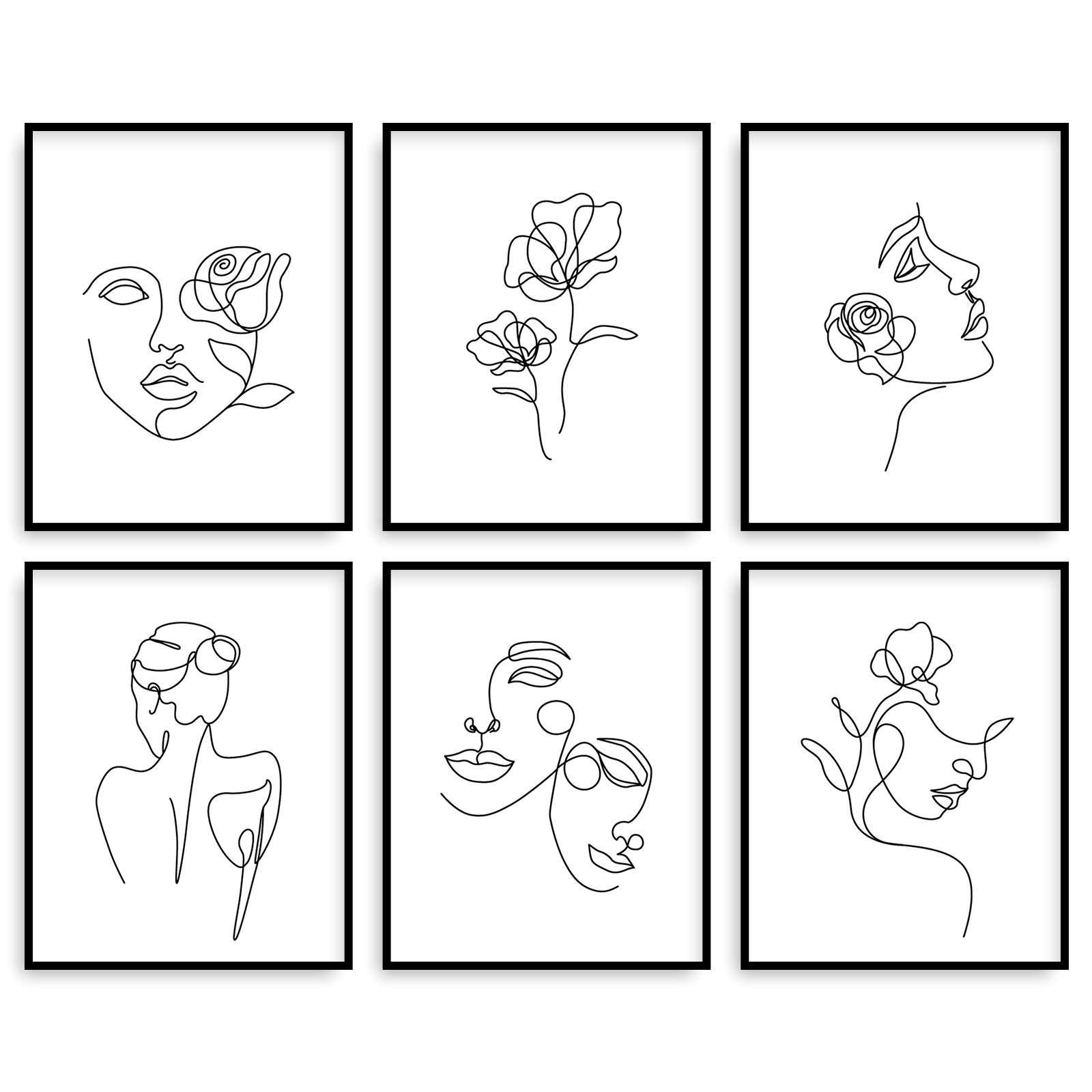 Whaline 6 Pack Minimalist Line Art Prints 8 x 10 Inch Abstract Single Line Wall Art Poster Waterproof Black White Female Face Flower Aesthetic Drawing Paintings for Bedroom Living Room College Dorm