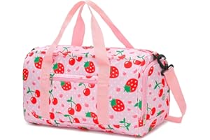 BTOOP Duffle Bag for Girls Kids Overnight Bags Cute Strawberry Cherry Dance Sports Bag Travel Tote with Shoe Compartment and Wet Pocket