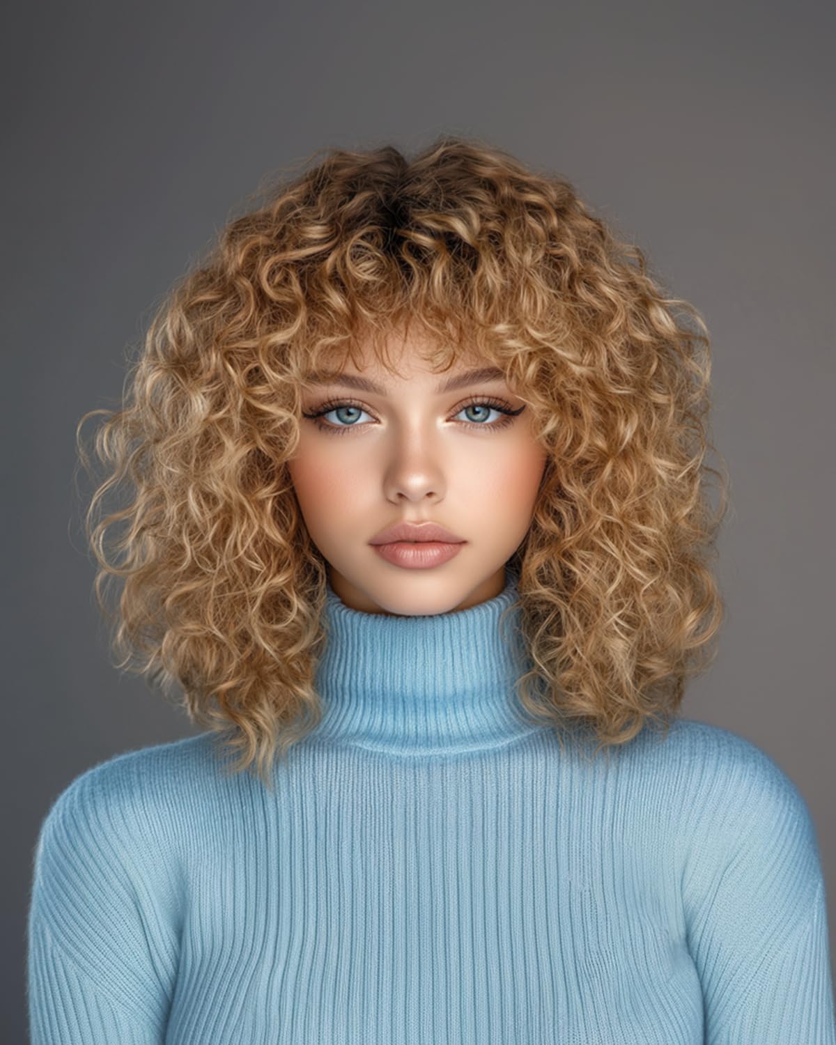 Fashion Idol Short Curly Human-Hair Wigs with Bangs 12 Inch Jerry Curl Bob Wigs Human Hair Brazilian Virgin Human Hair None Lace Front Wigs for Black Women Machine Made Ombre Gold Wigs