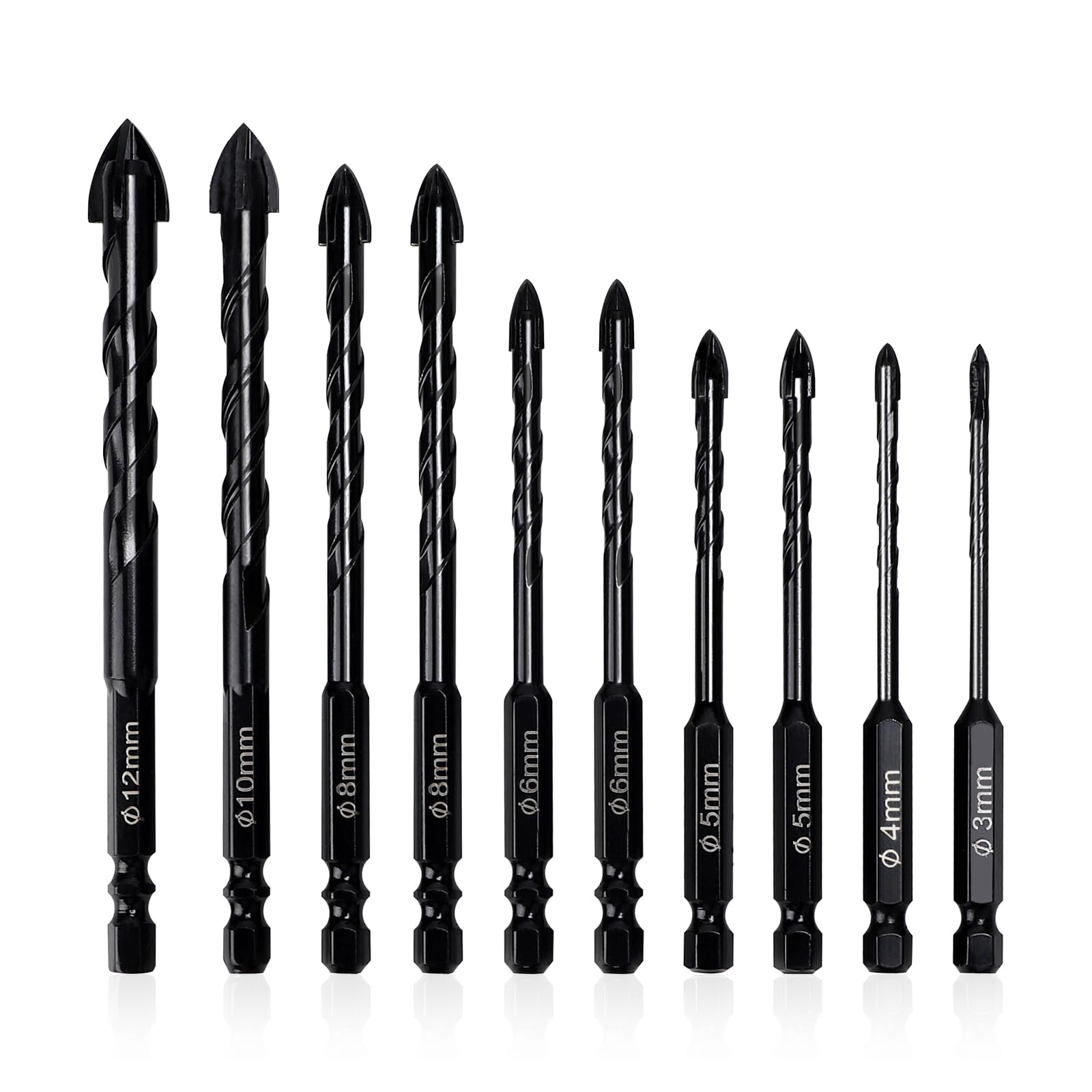 LALAGO Tile Drill Set, 10 Pieces, Diameter 3-12 mm, Glass Drill Set, Concrete Drill Set, Ceramic Drill Set, Diamond Drill Tiles, Universal Drill Bit for Metal, Brick, Glass, Plastic, Wood (Black)