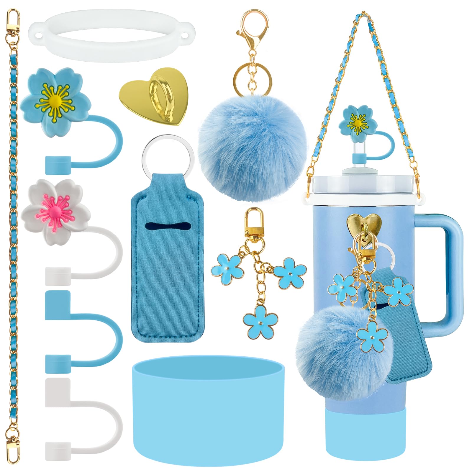 Photo 1 of Velaco 11 PCS Accessories for Stanley Cup, Water Bottle Handle Strap for Stanley 30/40 oz tumbler with handle, including Straw Toppers, Silicone Cup Boot, Keychain Charms - Blue