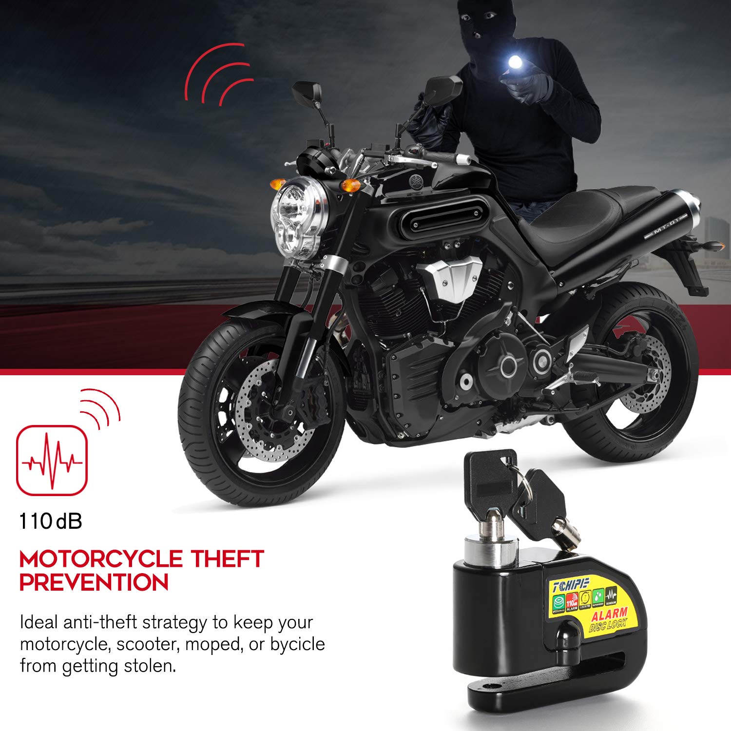 Tchipie Black Alarm Disc Lock 110dB Anti Theft Motorcycle Wheel Padlock