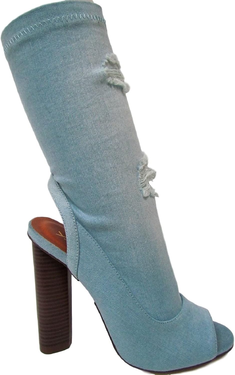 Amazon.com | X2B Brenna-3 Distress Ankle High Open Toe Block Heel Boot Booties Denim Lite Blue 9 