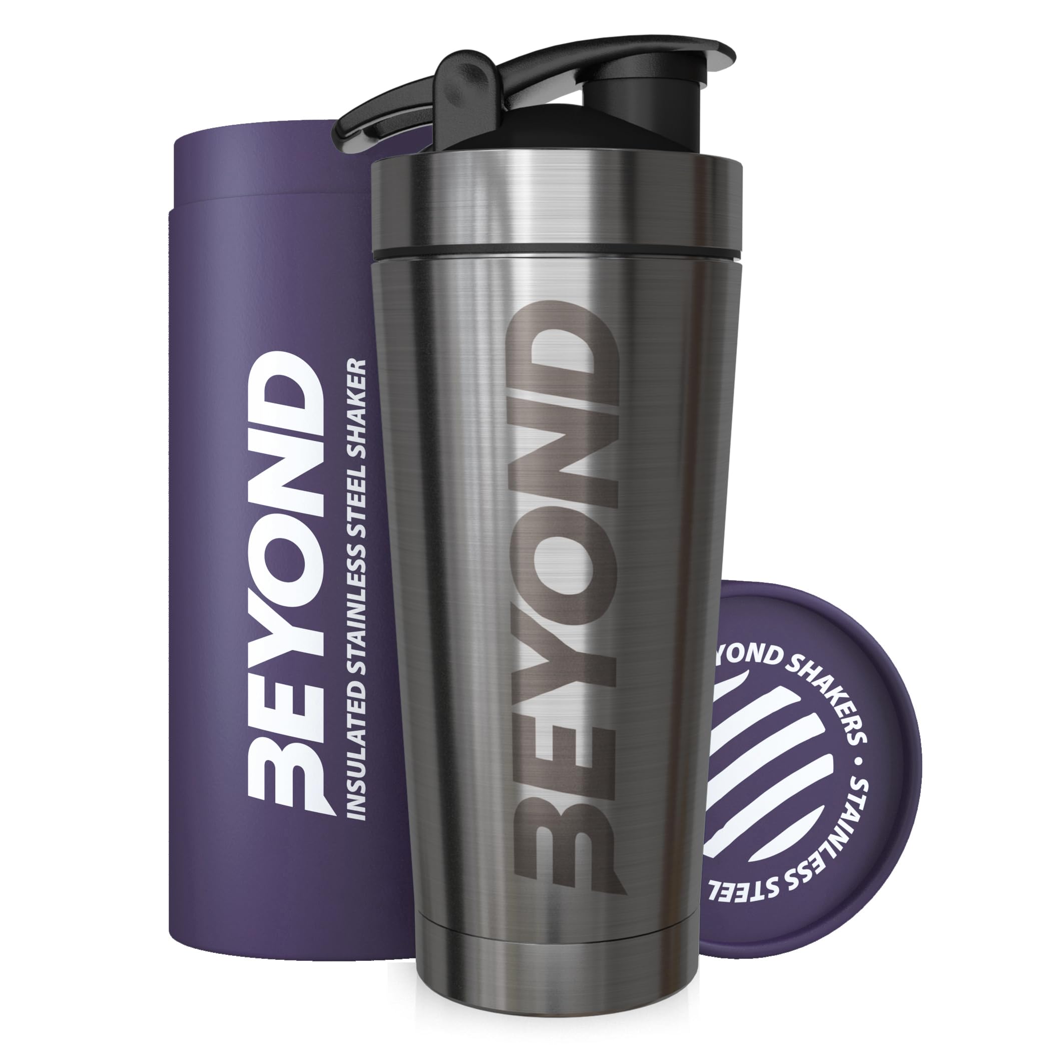Beyond Shakers Insulated Metal Protein Shaker, Stainless Steel Supplement Bottle - BPA Free for Gym 735ml in Brushed Steel