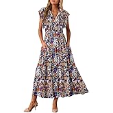 BLENCOT Womens Cotton Floral Maxi Dresses Casual Flowy Boho Dresses Summer Ruffle Short Sleeve V Neck Dress with Pockets