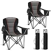 HIGH POINT SPORTS Oversized Camping Folding Chair, Heavy Duty Portable Lawn Chairs, Folding Chairs for Outside with Cup Holder and Cooler Bag for Camp, Travel, Support 450 LBS, 2 Pack, Black