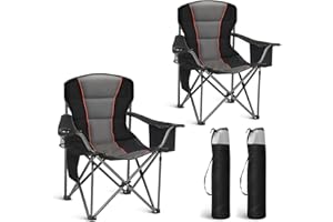 HIGH POINT SPORTS Oversized Portable Camping Folding Chair, Heavy Duty Foldable Outdoor Chair, Portable Lawn Chairs Camp Chair with Cup Holder and Cooler Bag for Camping, Support 450 LBS,2 Pack, Black