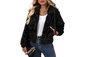 Vipwest Women's Faux Fur Crop Coat Full Zip Fleece Sherpa Jacket with Hood