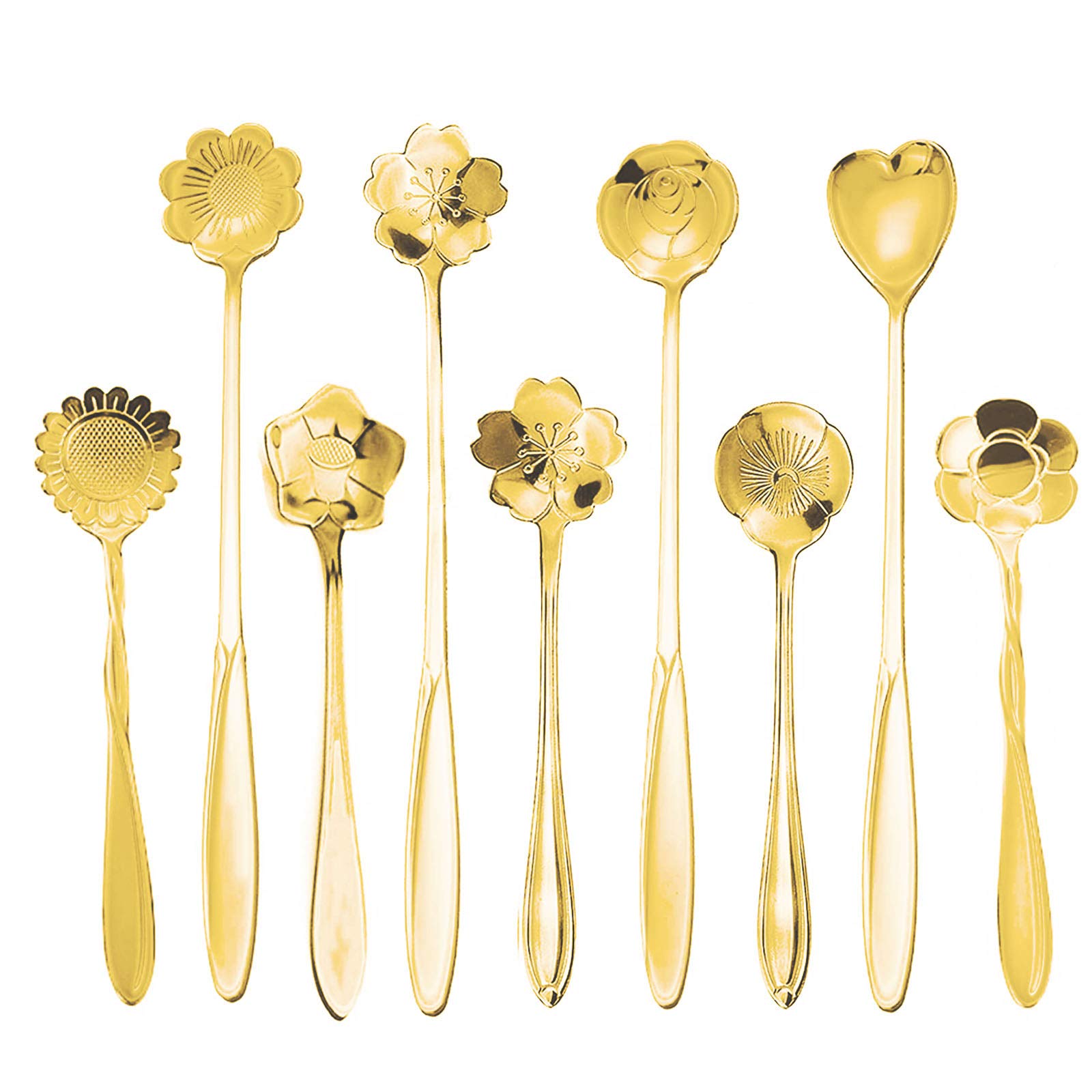 ESRISE Set of 9 Stainless Steel Flower-shaped Coffee and Tea Spoons for Tea Decorations (Gold)