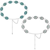 Bonuci 2 Pcs Turquoise Concho Chain Belt Adjustable Waist Belts for Women Western Metal Silver Belt for Dress Womens Turquoise Belt(Elegant Style)