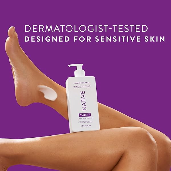 NATIVE BODY LOTION, LAVENDER & ROSE, 48-HOUR HYDRATION FOR DRY & SENSITIVE SKIN, MADE WITH PLANT-BASED MOISTURIZERS LIKE SHEA BUTTER, SILICONE & PARABEN FREE, 16.5 FL OZ