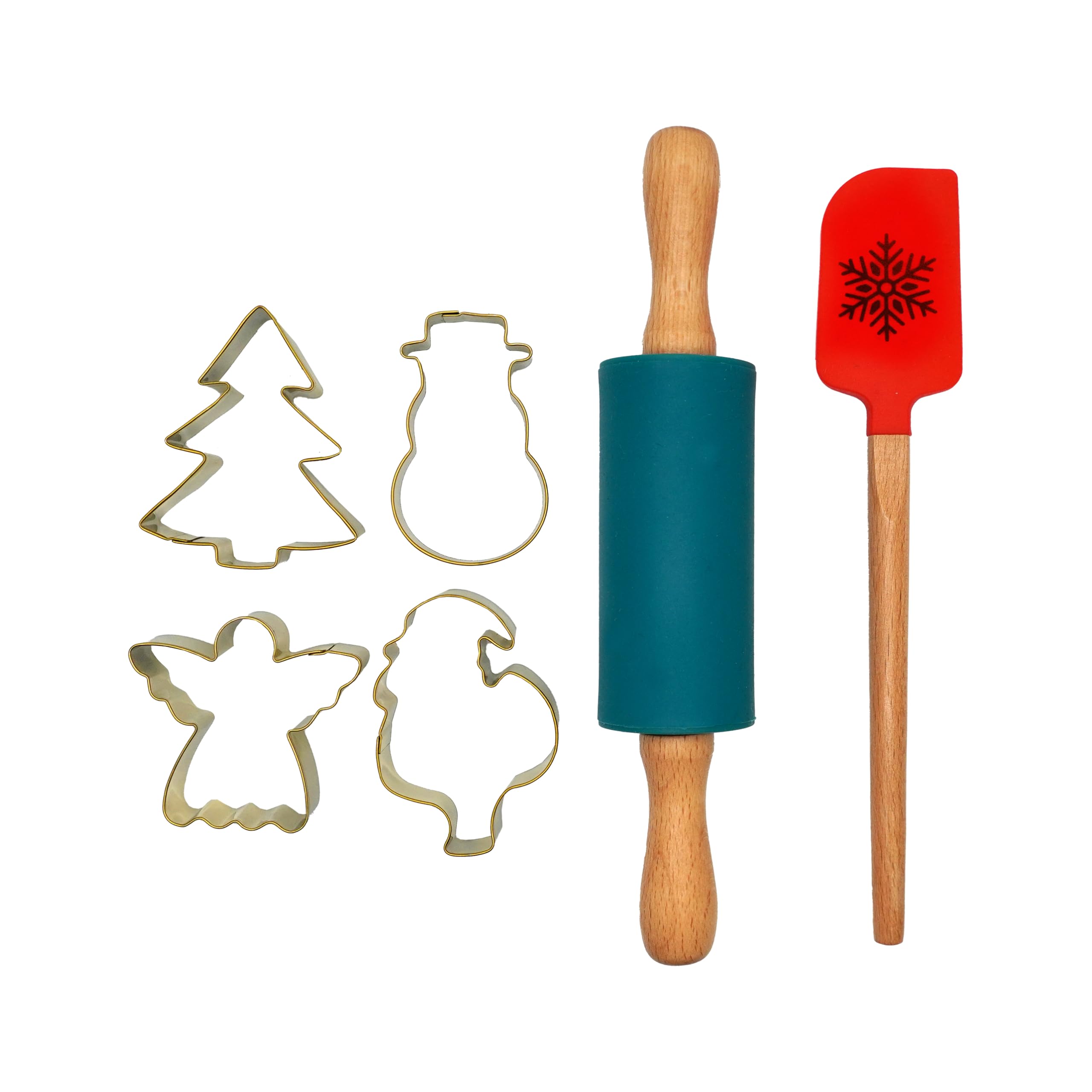 Zenker Christmas Baking Set, 6 Pieces, Silicone Spatula Red with Snowflake Motif, Silicone Rolling Pin Green, 4 x Cookie Cutters Gold, Biscuit Cutter Set for Baking, Non-Stick Non-Scratch Bakeware