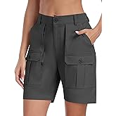 MoFiz Women's Cotton Bermuda Cargo Shorts 7" Casual Summer Elastic Waist Hiking Shorts with 6 Pockets
