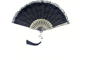 Chinshwehaw 1920s Vintage Bridal Lace Fan, Foldable Floral Embroidery Hand Fan with Gold Glitter & Tassels - Wedding Dance Tea Party Gift for Women, Mother, Bride, Compact Retro Cosplay