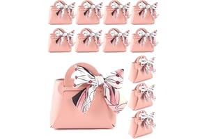 NOWDER 12 Pack Leather Wedding Candy Gift Bags with Handle Reusable Party Favor Boxes for Baby Showers Birthday Christmas Halloween (Pink)