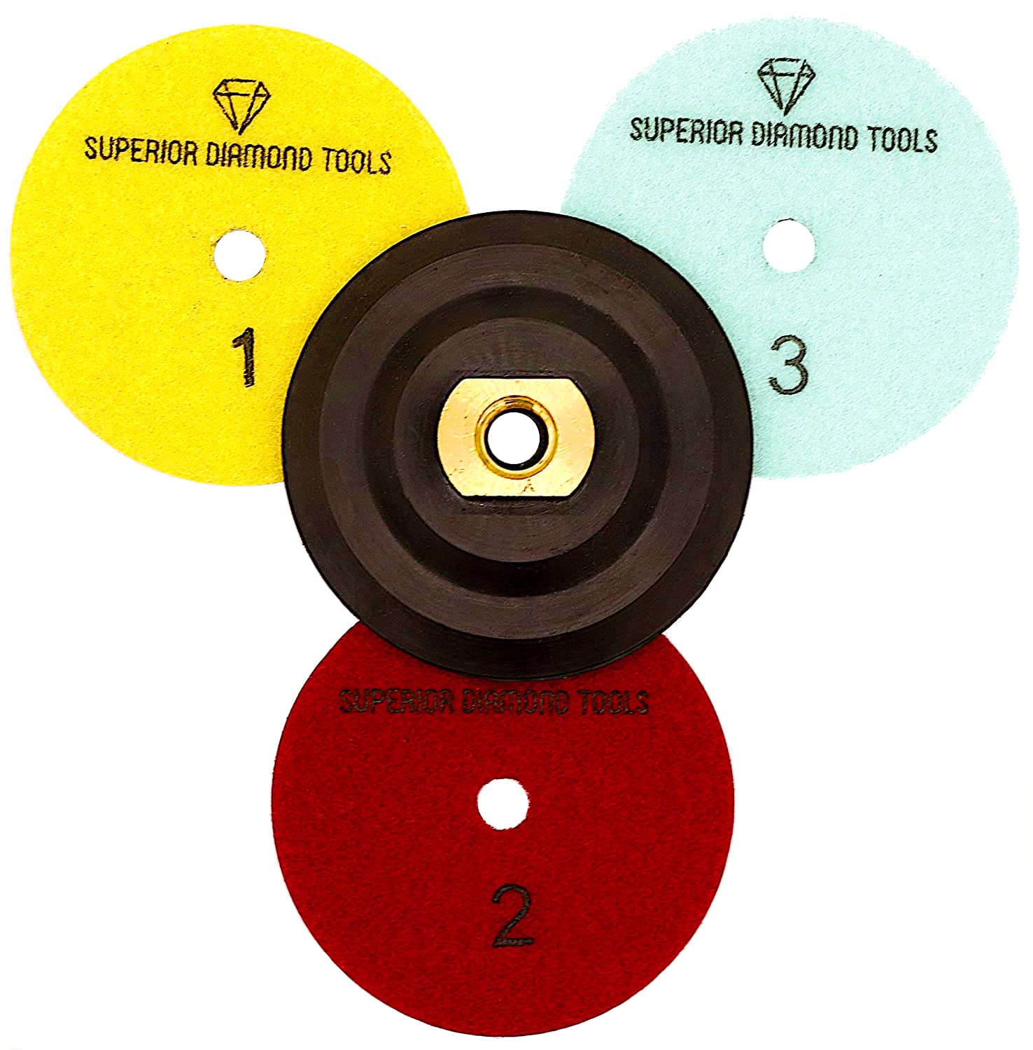 3 Step Diamond Polishing Pads Set with Rubber Backer Pad - Polishing Pads for Granite Quartz Marble Concrete Terrazzo - High Temperature Resistance 3 Step Polishing Pads (3 Step Set with Backer Pad)