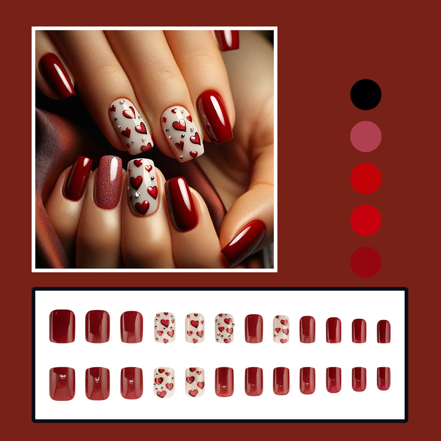 Valentines Press On Nails Short Square Fake Nails Red Heart Nails Press Ons Valentines False Nails With Heart Rhinestone Designs Full Cover Glue On Nails Glitter Stick On Nails For Women - Image 2