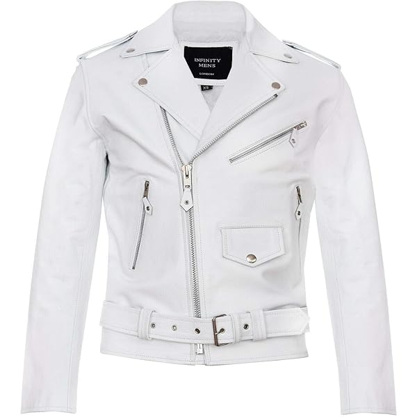 Mens Real Leather Biker Jacket Cross Zip Brando White Hide Grease