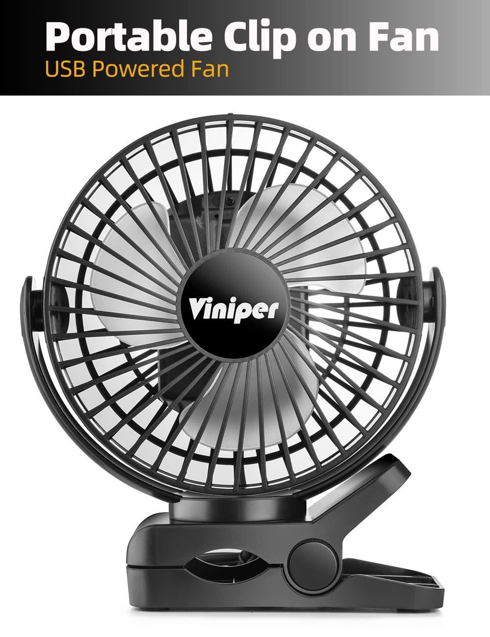 Viniper 6 inch USB Clip on Fan, Portable Small Desk Fan : 360° Rotation, 3 Speeds Wind Table Fan, Quiet Powerful for Home,Office (USB Powered Fan Not Rechargeable) - Black