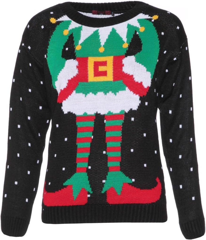 Missi Clothing Womens Ugly Christmas Sweater Elf Body Black Jumper (S/M)