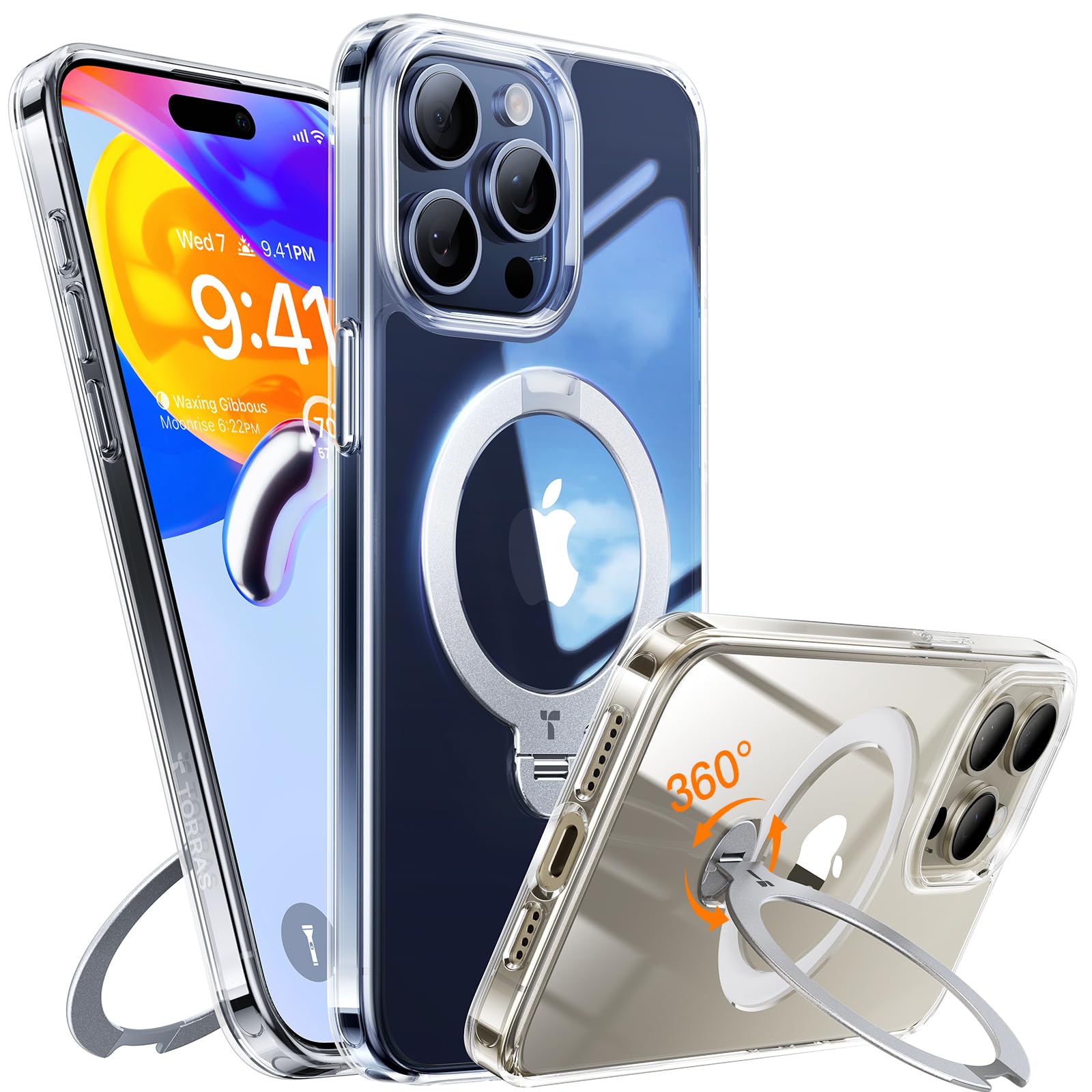 TORRAS 360° Spin Magnetic Stand for iPhone 15 Pro Case, Compatible with Magsafe,14 FT Military Grade Shockproof Slim Protective iPhone 15 Pro Case with Kickstand Ring Holder, Ostand Spin-Clear — image 1