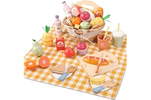 Pithfor Picnic Playset, Wooden Play Food Set for Kids Kitchen, Cutting Pretend Play Kitchen Food Toy for Toddlers Girls Boys 