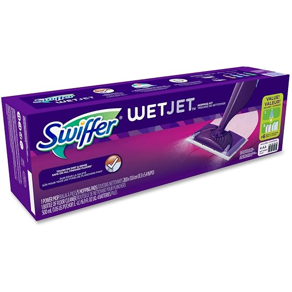 SWIFFER WET JET MOP, FLOOR CLEANER FOR MOPPING WOOD, LAMINATE, TILE IN HOME, BATHROOM, KITCHEN, ALL PURPOSE MULTI-SURFACE CLEANING SET INCLUDES 1 SPRAY MOP, 5 PADS REFILL, 1 FRESH SCENT SOLUTION