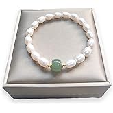 Green Jade Pearl Bracelet for Women, Natural Baroque Freshwater Pearls, 14K Gold Plated Beaded Stretch Bracelet, Lucky Jewelry Gift for Her (Pearl with Green Jade)