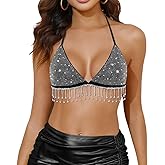 TYNORA Women's Sparkly Rhinestone Fringe Crop Top Sexy Halter V Neck Tassel Camisole Tank Clubwear